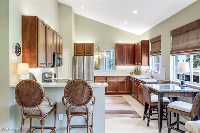 24320 Sandpiper Isle Way Unit 202, Bonita Springs, FL 34134 - kitchen with stainless steel appliances, a peninsula, lofted ceiling, a breakfast bar area, and light countertops