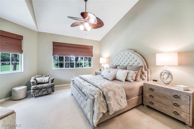 24320 Sandpiper Isle Way Unit 202, Bonita Springs, FL 34134 - bedroom with vaulted ceiling, light carpet, and a ceiling fan