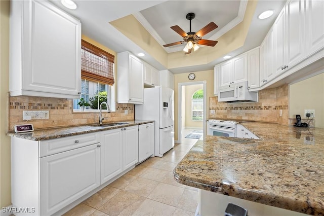 28864 Yellow Fin Trl, Bonita Springs, FL 34135 - kitchen with white appliances, a tray ceiling, ceiling fan, healthy amount of natural light, and ornamental molding