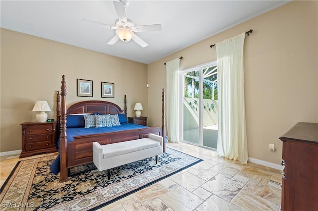 28864 Yellow Fin Trl, Bonita Springs, FL 34135 - bedroom with access to exterior, stone tile flooring, and a ceiling fan