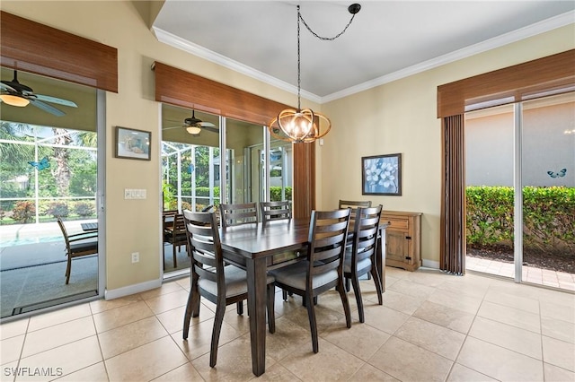 28864 Yellow Fin Trl, Bonita Springs, FL 34135 - dining space with ceiling fan, light tile patterned floors, crown molding, and a chandelier
