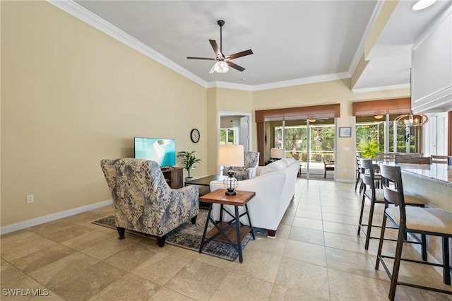 28864 Yellow Fin Trl, Bonita Springs, FL 34135 - living area with ceiling fan, crown molding, and light tile patterned floors