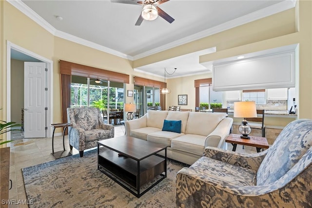 28864 Yellow Fin Trl, Bonita Springs, FL 34135 - living area featuring ceiling fan and ornamental molding