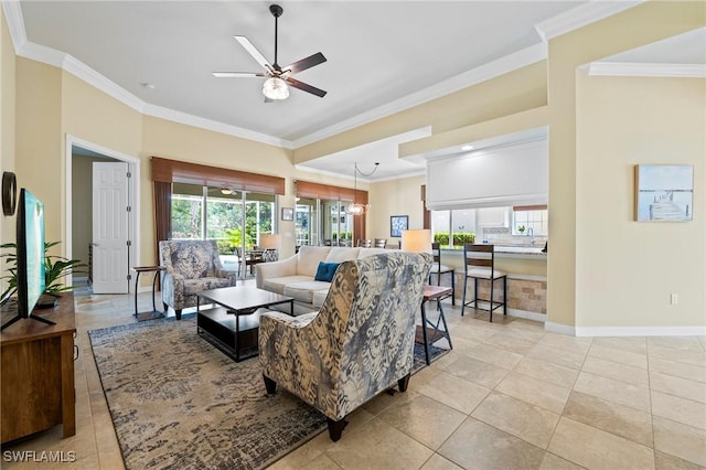28864 Yellow Fin Trl, Bonita Springs, FL 34135 - living room with crown molding, a ceiling fan, and light tile patterned flooring