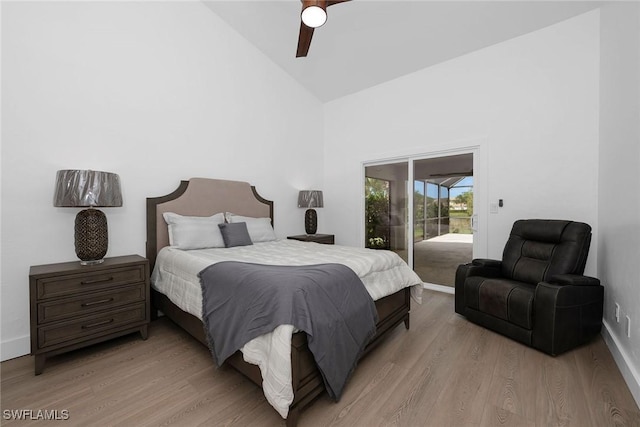 221 Saint James Way, Naples, FL 34104 - bedroom with access to outside, light wood-style flooring, high vaulted ceiling, and ceiling fan