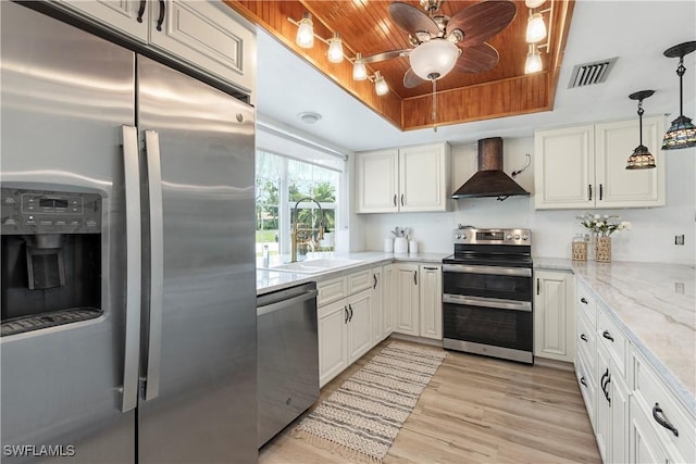 6340 P G A Dr, North Fort Myers, FL 33917 - kitchen featuring appliances with stainless steel finishes, wall chimney range hood, wooden ceiling, a ceiling fan, and a raised ceiling
