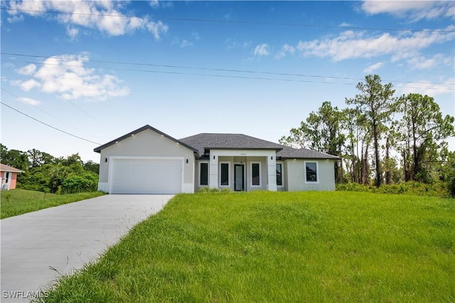 1061 Sunrise Blvd, Lehigh Acres, FL 33974 - view of front of house with stucco siding, driveway, an attached garage, and a front lawn