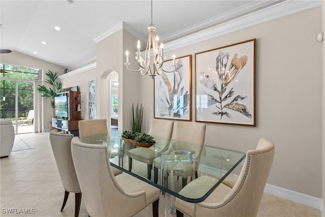 2434 Butterfly Palm Dr, Naples, FL 34119 - dining room featuring a chandelier, light tile patterned flooring, arched walkways, vaulted ceiling, and ornamental molding