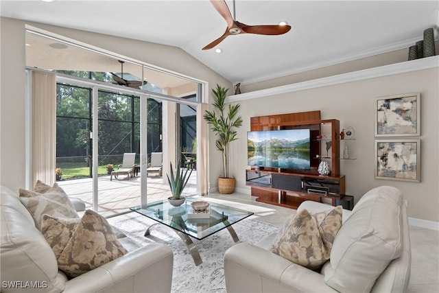 2434 Butterfly Palm Dr, Naples, FL 34119 - living area featuring a ceiling fan, vaulted ceiling, crown molding, and recessed lighting