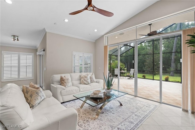2434 Butterfly Palm Dr, Naples, FL 34119 - living area featuring a ceiling fan, plenty of natural light, crown molding, recessed lighting, and vaulted ceiling