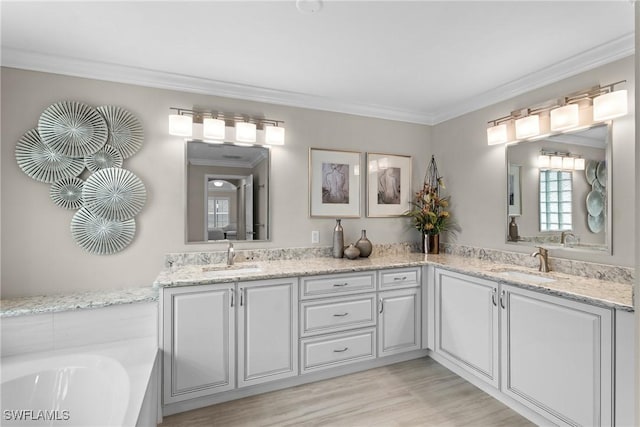 2434 Butterfly Palm Dr, Naples, FL 34119 - bathroom featuring double vanity, ornamental molding, wood finished floors, and a bath