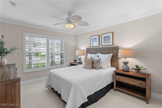 2434 Butterfly Palm Dr, Naples, FL 34119 - bedroom with light colored carpet, crown molding, and ceiling fan