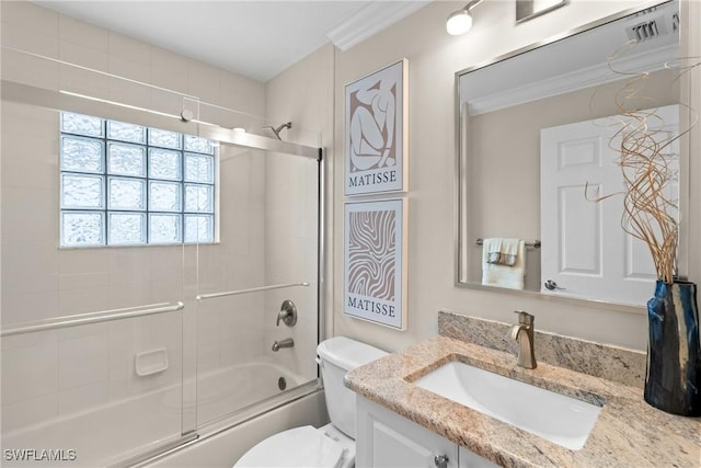 2434 Butterfly Palm Dr, Naples, FL 34119 - full bathroom featuring vanity, shower / bath combination with glass door, and ornamental molding