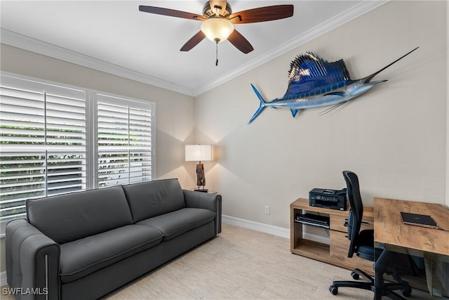 2434 Butterfly Palm Dr, Naples, FL 34119 - home office with crown molding, wood finished floors, and ceiling fan