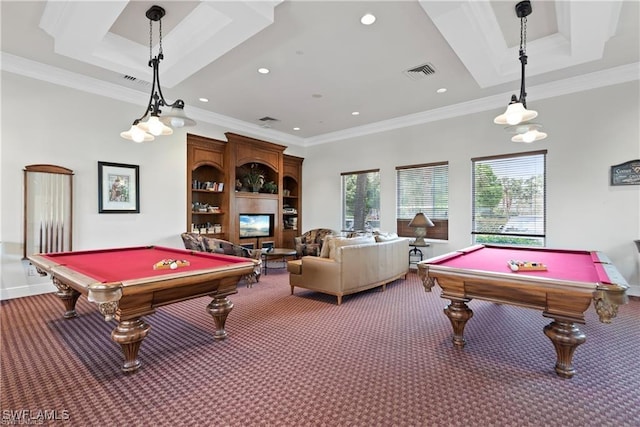 2434 Butterfly Palm Dr, Naples, FL 34119 - playroom with billiards, carpet, a raised ceiling, ornamental molding, and recessed lighting