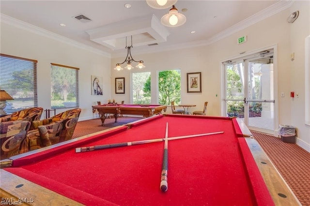 2434 Butterfly Palm Dr, Naples, FL 34119 - playroom featuring billiards table, ornamental molding, plenty of natural light, carpet floors, and recessed lighting