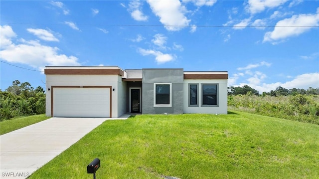 3006 72nd St W, Lehigh Acres, FL 33971 - contemporary home with an attached garage, concrete driveway, stucco siding, and a front lawn