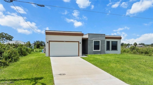 3006 72nd St W, Lehigh Acres, FL 33971 - contemporary home with stucco siding, concrete driveway, a garage, and a front yard