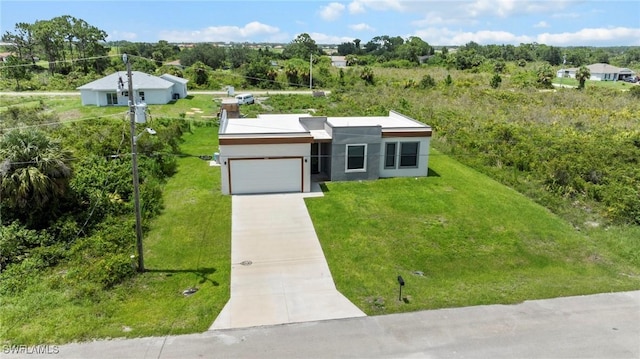 3006 72nd St W, Lehigh Acres, FL 33971 - view of front of house with driveway, an attached garage, stucco siding, and a front yard