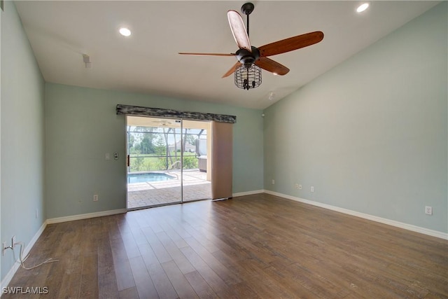 2116 NW 24th Ave, Cape Coral, FL 33993 - empty room with wood finished floors, ceiling fan, lofted ceiling, and recessed lighting