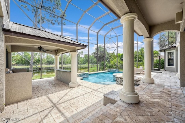 3917 La Vida Way, Cape Coral, FL 33993 - view of swimming pool with a patio area, ceiling fan, glass enclosure, and a pool with connected hot tub