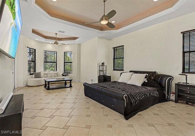 3917 La Vida Way, Cape Coral, FL 33993 - bedroom featuring a raised ceiling, recessed lighting, ornamental molding, and a ceiling fan