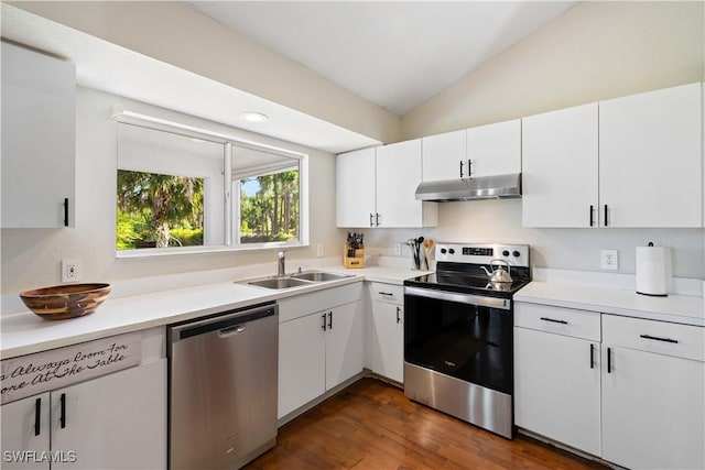 3715 41st Ave NE, Naples, FL 34120 - kitchen with stainless steel appliances, under cabinet range hood, white cabinets, light countertops, and vaulted ceiling