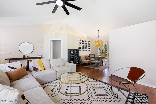 3715 41st Ave NE, Naples, FL 34120 - living area featuring a chandelier, wood finished floors, lofted ceiling, and ceiling fan