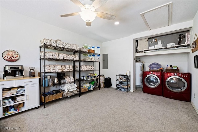 3715 41st Ave NE, Naples, FL 34120 - storage room with independent washer and dryer, electric panel, water heater, ceiling fan, and attic access