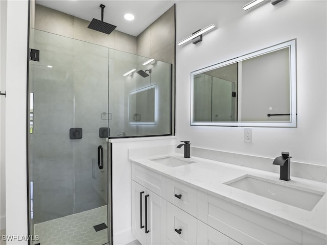 3219 43rd St W, Lehigh Acres, FL 33971 - full bathroom with a stall shower and double vanity