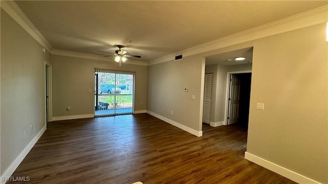 11530 Villa Grand Unit 1101, Fort Myers, FL 33913 - spare room with ornamental molding, ceiling fan, and dark wood-style floors