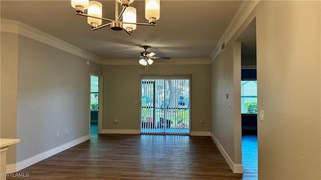 11530 Villa Grand Unit 1101, Fort Myers, FL 33913 - unfurnished room with dark wood-type flooring, ornamental molding, a ceiling fan, and a chandelier