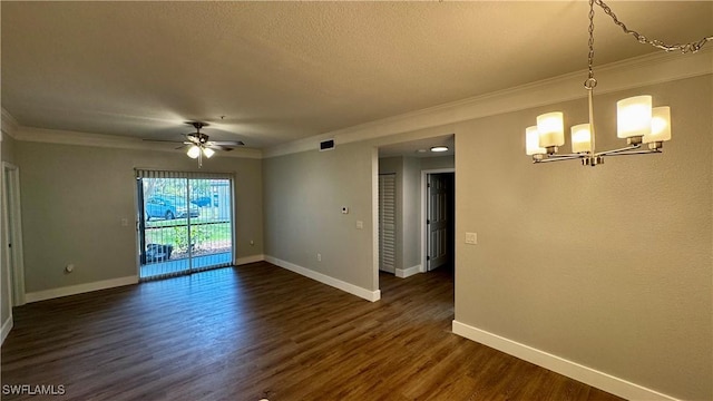 11530 Villa Grand Unit 1101, Fort Myers, FL 33913 - empty room featuring crown molding, a chandelier, dark wood finished floors, a ceiling fan, and a textured ceiling