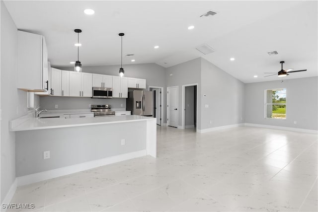 1702 Nelson Rd N, Cape Coral, FL 33993 - kitchen featuring appliances with stainless steel finishes, light countertops, vaulted ceiling, a peninsula, and white cabinets