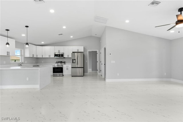 1710 Nelson Rd N, Cape Coral, FL 33993 - kitchen featuring appliances with stainless steel finishes, open floor plan, white cabinetry, light countertops, and lofted ceiling