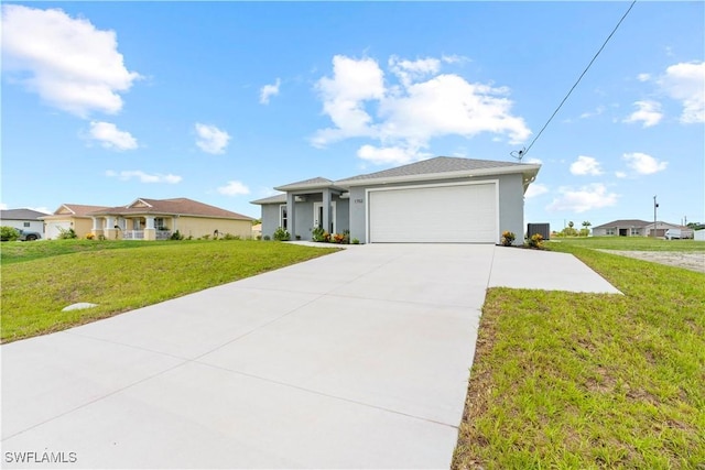 1710 Nelson Rd N, Cape Coral, FL 33993 - view of front facade with an attached garage, concrete driveway, stucco siding, a front lawn, and a residential view
