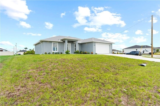 1710 Nelson Rd N, Cape Coral, FL 33993 - view of front facade featuring concrete driveway, a garage, stucco siding, and a front lawn