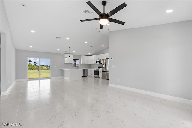 1710 Nelson Rd N, Cape Coral, FL 33993 - unfurnished living room with recessed lighting, vaulted ceiling, ceiling fan, and light marble finish floors