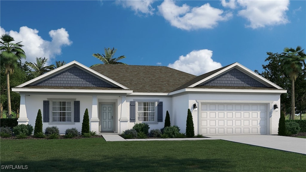 2502 55th St SW, Lehigh Acres, FL 33976 - view of front of home featuring concrete driveway, a front yard, an attached garage, and stucco siding