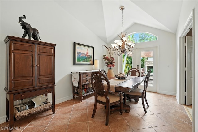 1381 Areca Cv, Naples, FL 34119 - dining space with a chandelier, vaulted ceiling, and light tile patterned flooring