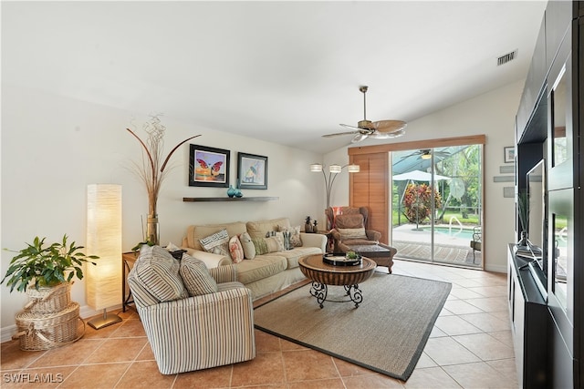 1381 Areca Cv, Naples, FL 34119 - living room featuring light tile patterned flooring, a ceiling fan, and vaulted ceiling