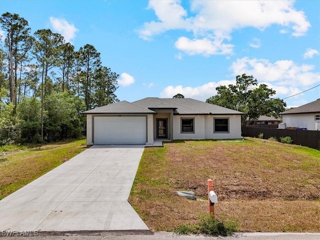 view of front of house with concrete driveway, a garage, and stucco siding