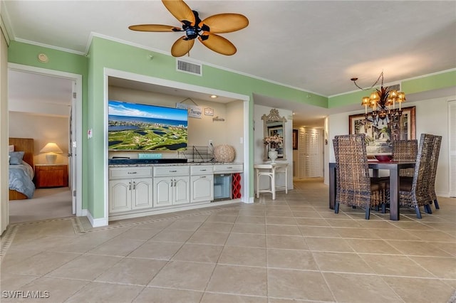 4745 Estero Blvd Unit 302, Fort Myers Beach, FL 33931 - dining area with light tile patterned floors, ornamental molding, a chandelier, and a ceiling fan