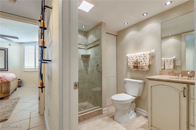 4745 Estero Blvd Unit 302, Fort Myers Beach, FL 33931 - full bathroom featuring vanity, tile patterned flooring, a stall shower, ensuite bathroom, and ceiling fan