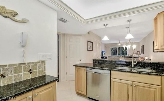 850 Elkhorn Ct Unit 213, Marco Island, FL 34145 - kitchen featuring stainless steel dishwasher, light brown cabinets, and dark stone counters