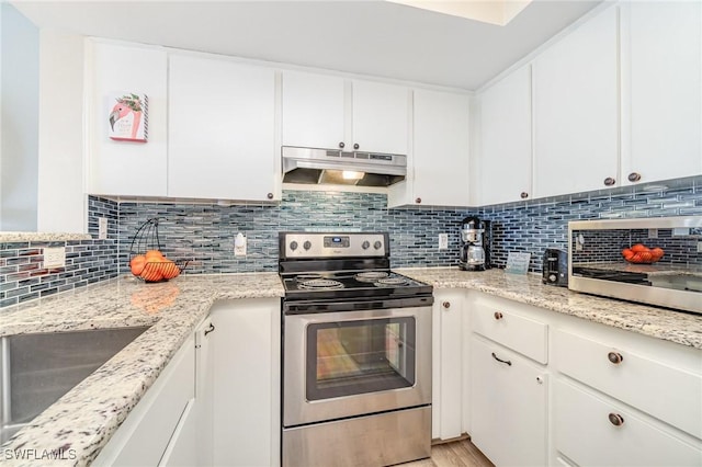 400 Lenell Rd Unit 207, Fort Myers Beach, FL 33931 - kitchen with stainless steel electric range, under cabinet range hood, white cabinetry, tasteful backsplash, and light wood-style flooring