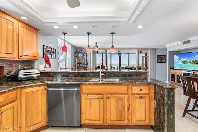 4745 Estero Blvd Unit 1002, Fort Myers Beach, FL 33931 - kitchen featuring stainless steel dishwasher, recessed lighting, dark stone counters, decorative backsplash, and pendant lighting