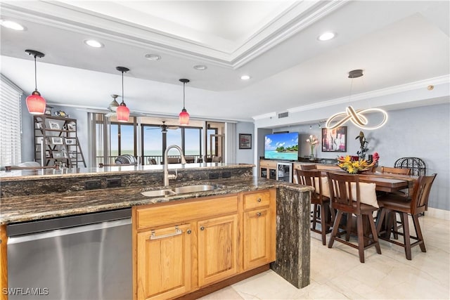 4745 Estero Blvd Unit 1002, Fort Myers Beach, FL 33931 - kitchen with dishwasher, ornamental molding, dark stone counters, hanging light fixtures, and recessed lighting
