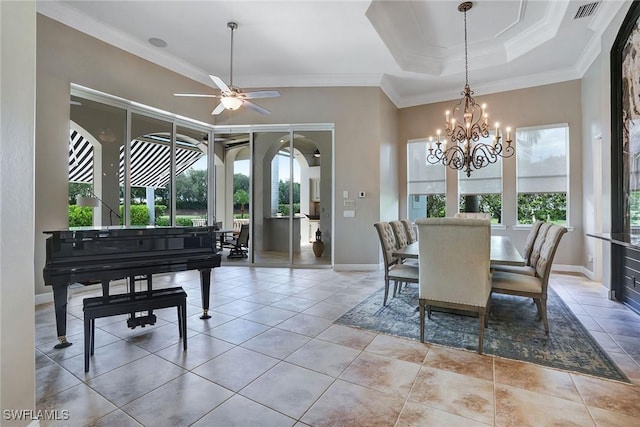 12850 Terabella Way, Fort Myers, FL 33912 - dining area featuring a chandelier, ornamental molding, ceiling fan, light tile patterned floors, and arched walkways