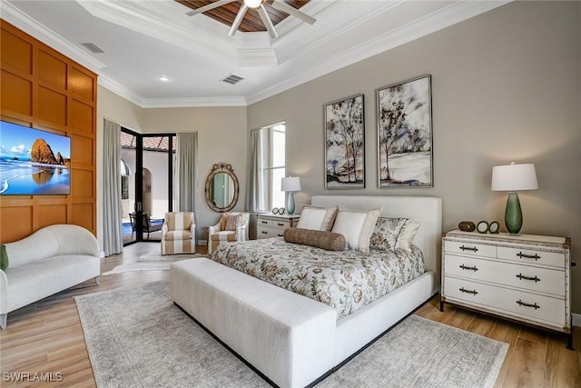 12850 Terabella Way, Fort Myers, FL 33912 - bedroom featuring ornamental molding, light wood-style flooring, recessed lighting, a ceiling fan, and access to exterior